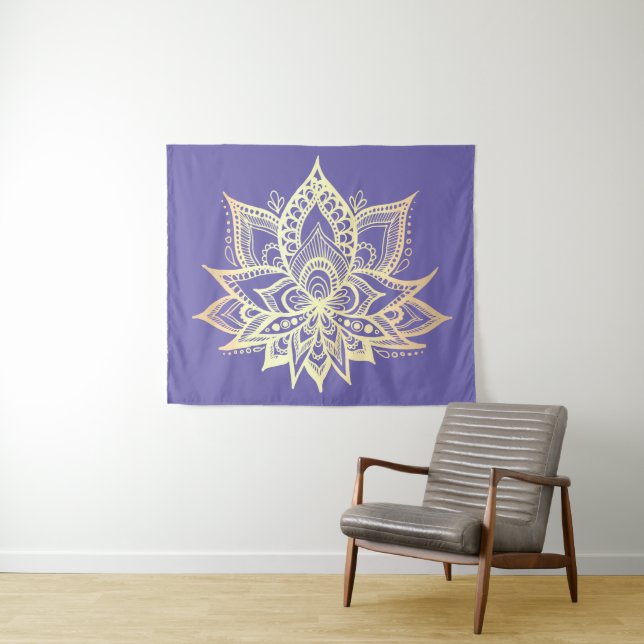 Boho Purple Gold Lotus Flower Mandala Art Tapestry (In Situ (Horizontal))