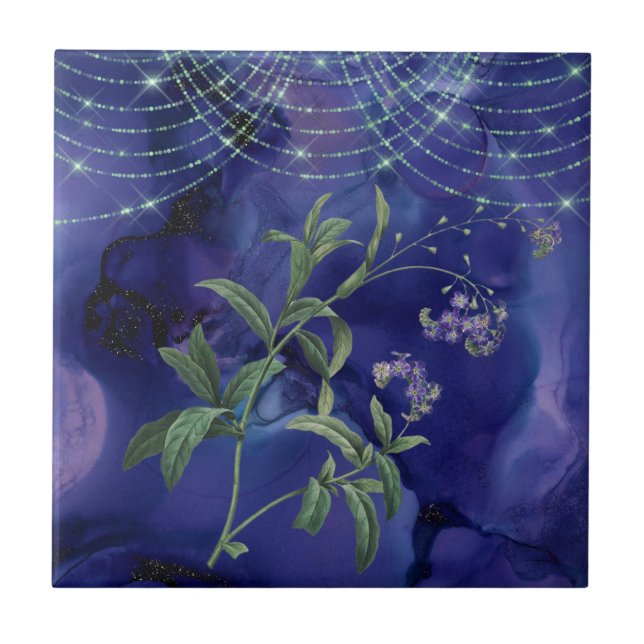 Boho Purple Green Floral Lights Ceramic Tile (Front)