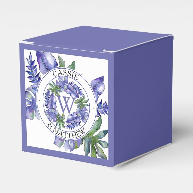 Boho Purple | Green Tropical Leaves Wedding Bridal Favor Boxes (Front Side)