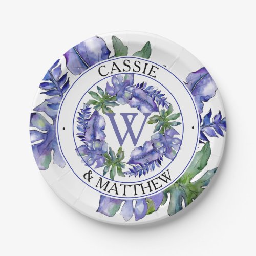 Boho Purple  Green Tropical Leaves Wedding Bridal Paper Plates