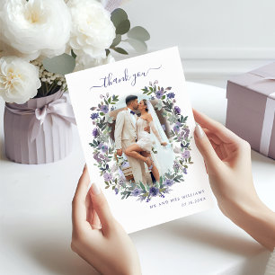 Boho Purple Lavender Floral Wreath Wedding Photo Thank You Card
