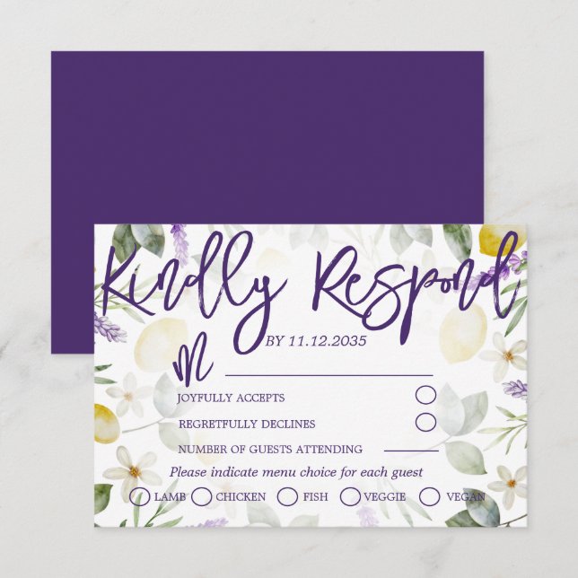 Boho Purple Lavender & Lemons Wedding RSVP Card (Front/Back)