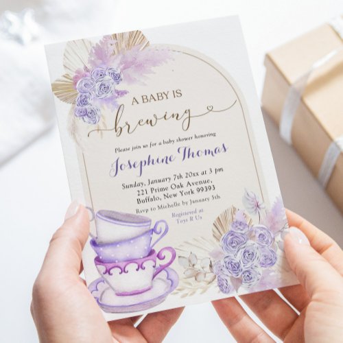 Boho Purple Lilac Floral Baby is Brewing Invitation