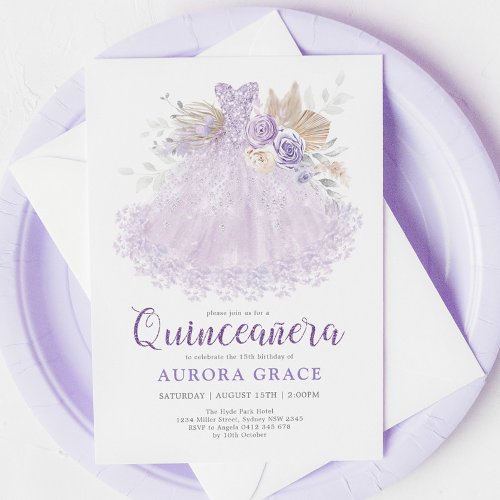 Boho Purple Lilac Quinceaera Princess Dress Invitation