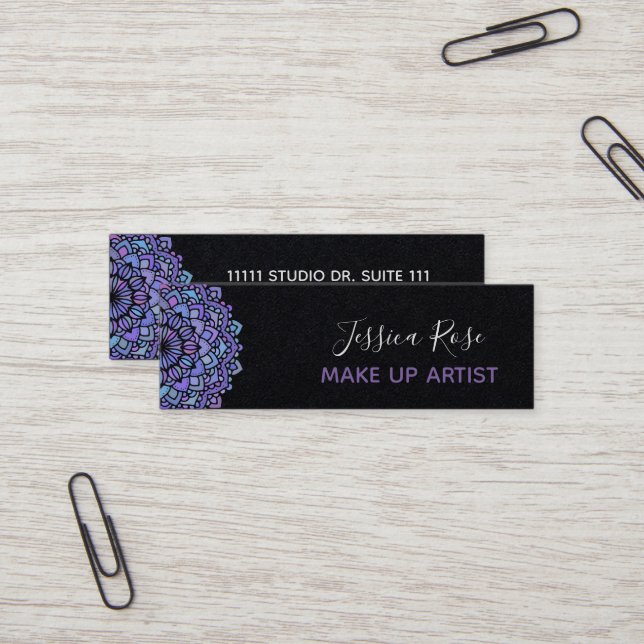 Boho Purple Mandala Make Up Artist Mini Business Card (Front/Back In Situ)