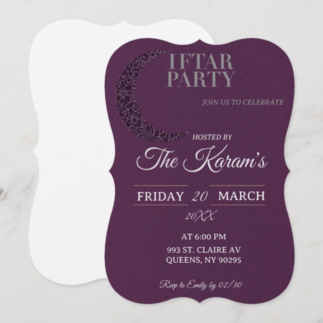 Boho Purple Minimalist Mosque Ramadan Iftar Party  Invitation (Front/Back)