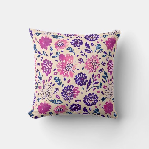 Boho Purple Ombre Floral Pattern Throw Pillow