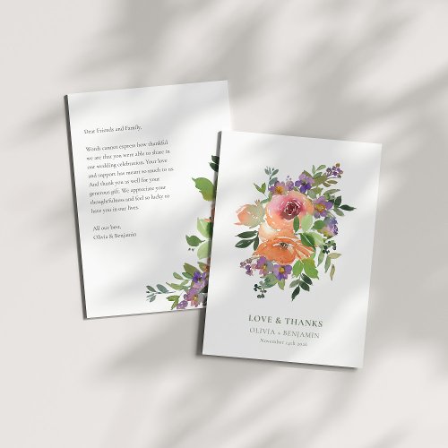 Boho Purple Orange Floral Wedding Custom Message Thank You Card
