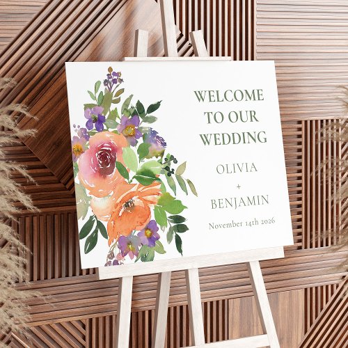 Boho Purple Orange Floral Wedding Welcome Sign