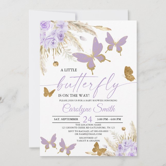 Boho Purple Pampas Grass Butterfly Baby Shower Invitation (Front)