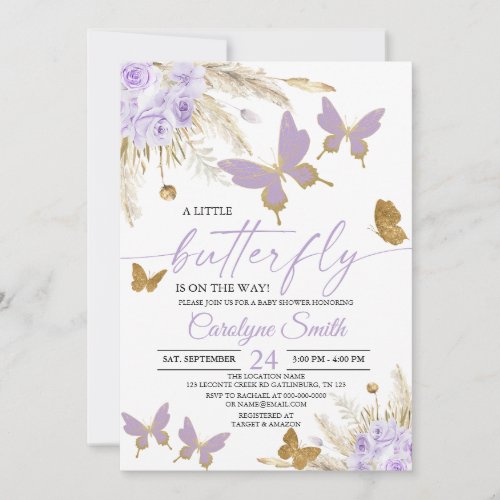 Boho Purple Pampas Grass Butterfly Baby Shower Invitation