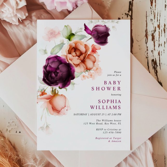 Boho Purple & Peach Flowers Baby Shower Invitation (Creator Uploaded)