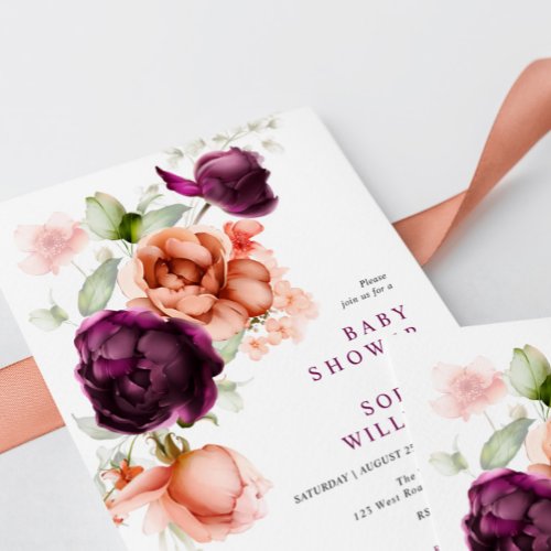 Boho Purple  Peach Flowers Baby Shower Invitation