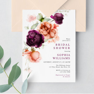 Boho Purple & Peach Flowers Bridal Shower Invitation