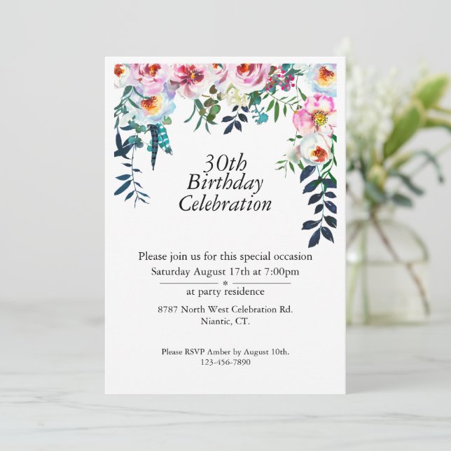 Boho Purple Peony Customizable 30th Birthday Invitation (Standing Front)
