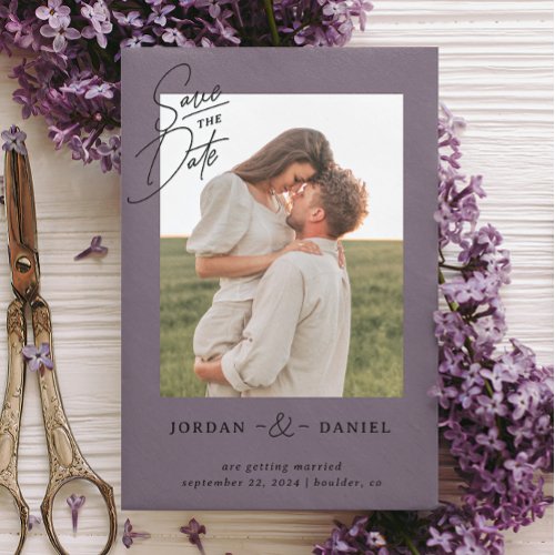 Boho Purple Photo Save The Date Card