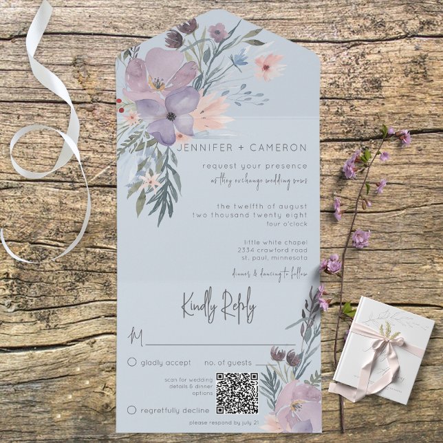 Boho Purple Pink & Blue Floral Blue QR Code All In One Invitation (Also available without a QR code; with or without dinner selection options.)