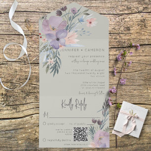 Boho Purple Pink & Blue Floral Sage Green QR Code All In One Invitation