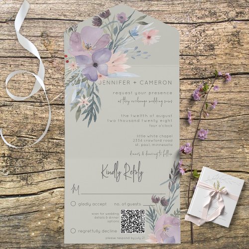 Boho Purple Pink  Blue Floral Sage Green QR Code All In One Invitation