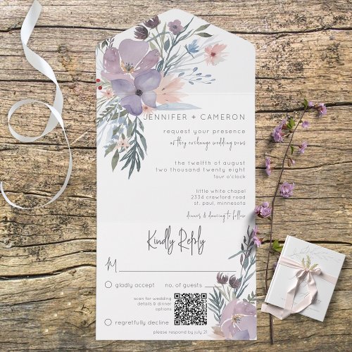 Boho Purple Pink  Blue Floral White QR Code All In One Invitation