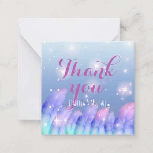 Boho Purple Pink Feathers Sparkles Thank You Note Card