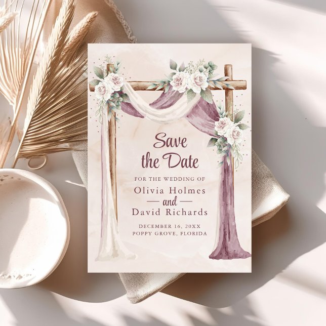 Boho Purple Pink Floral Cenopy Save the Date Card (Boho Purple Pink Floral Cenopy Save the Date Card on boho wedding table.)