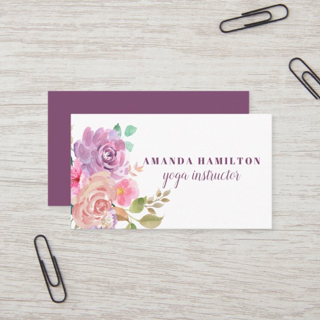 Boho Purple Pink Flowers in bloom Watercolor Business Card (Front/Back In Situ)