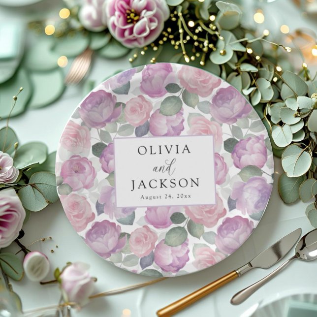 Boho Purple & Pink Watercolor Floral Wedding Paper Plates (Creator Uploaded)
