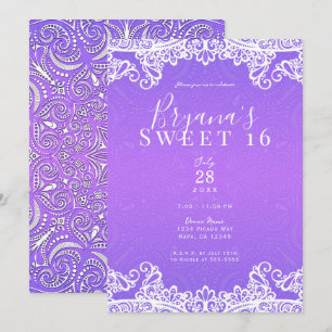 Boho Purple Pink & White Lace Bold Sweet 16 Party Invitation