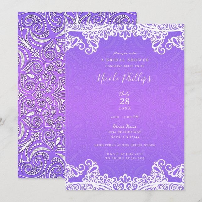 Boho Purple Pink & White Lace Bridal Shower Invitation (Front/Back)