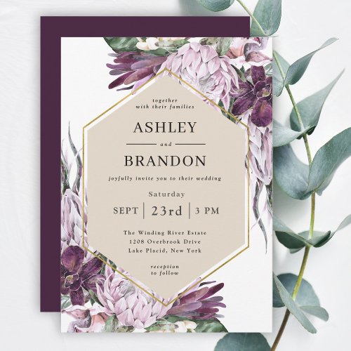 Boho Purple Plum Tropical Botanical Wedding Invitation