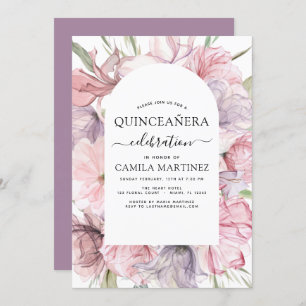 Boho Purple Quinceañera Dusty Pink Floral Invitation