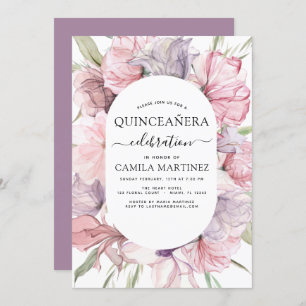 Boho Purple Quinceañera Dusty Pink Floral Invitation