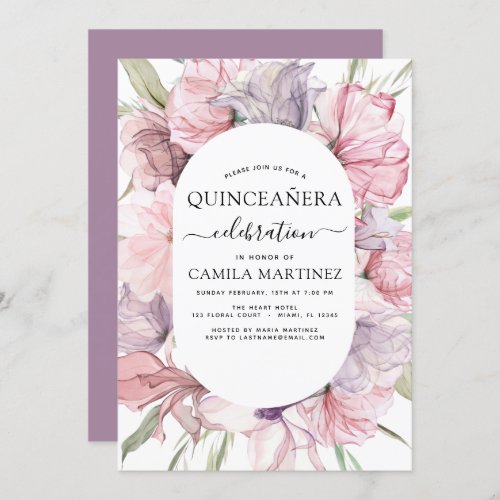 Boho Purple Quinceaera Dusty Pink Floral Invitation