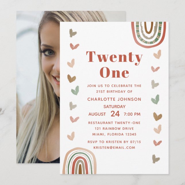 Boho Purple Rainbow Modern 21st Birthday Party Invitation (Front/Back)