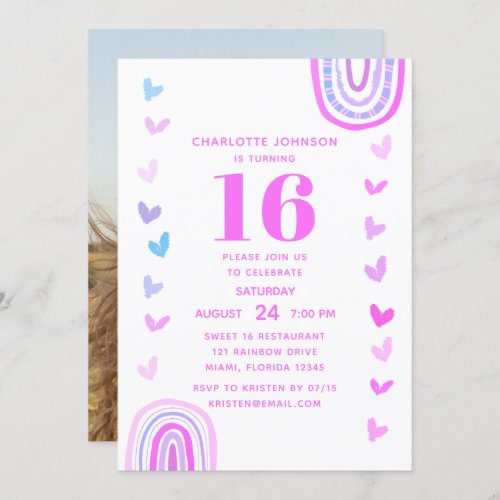 Boho Purple Rainbow Sweet 16 Modern Birthday Party Invitation