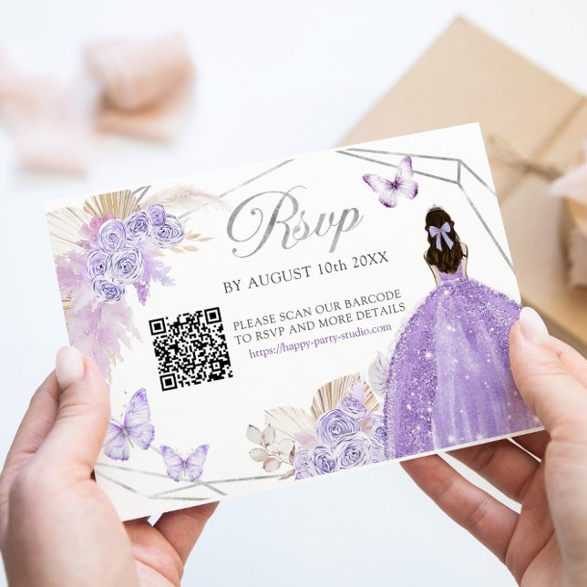 Boho Purple Silver Floral Butterfly Quinceañera QR RSVP Card (Creator Uploaded)