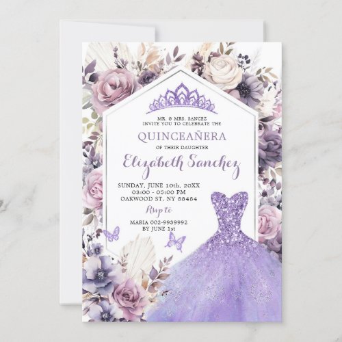 Boho Purple Silver Floral Princess Quinceaera Invitation