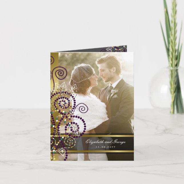 Boho Purple Spirals Gold Photo Wedding Thank You (Front)