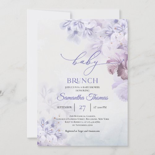 Boho purple spring flowers dusty blue baby brunch invitation