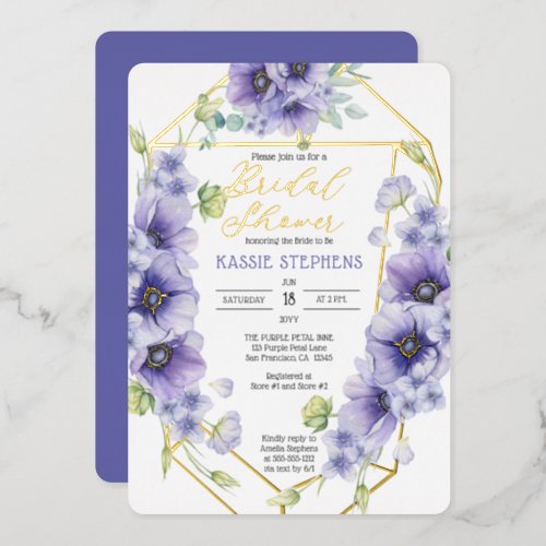 Boho Purple Violets Geometric Bridal Shower _ Gold Foil Invitation