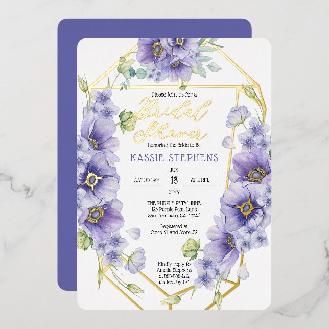 Boho Purple Violets Geometric Bridal Shower - Gold Foil Invitation (Front/Back)