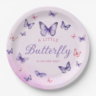 Boho purple watercolor butterfly girl Baby Shower Paper Plates