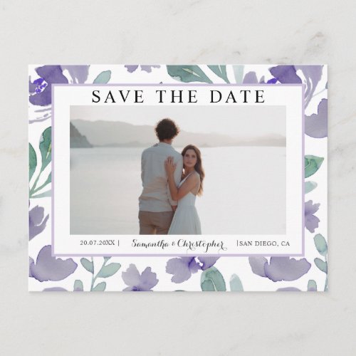 Boho Purple Watercolor Floral Save the Date Postcard