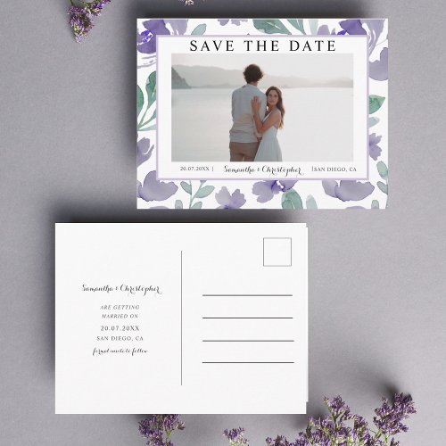 Boho Purple Watercolor Floral Save the Date Postcard