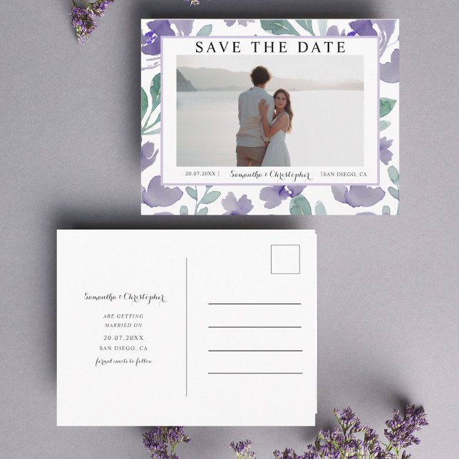 Boho Purple Watercolor Floral Save the Date Postcard (Creator Uploaded)