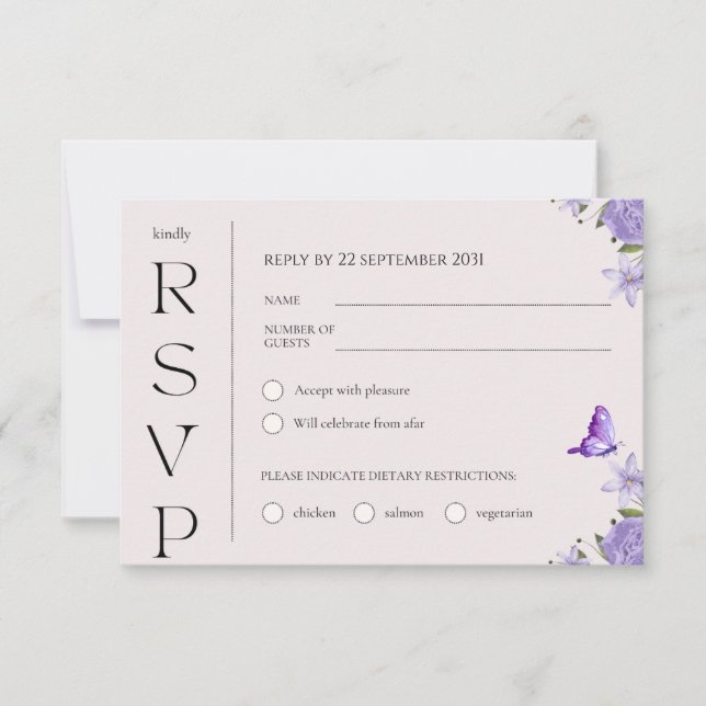 Boho Purple Watercolor Floral Wedding RSVP Card (Front)