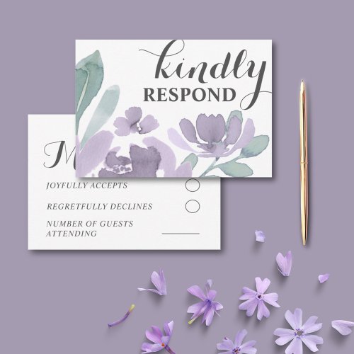 Boho Purple Watercolor Floral Wedding RSVP Card
