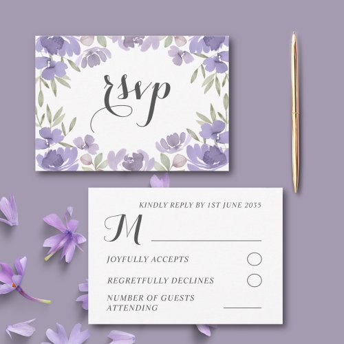 Boho Purple Watercolor Floral Wedding RSVP Card