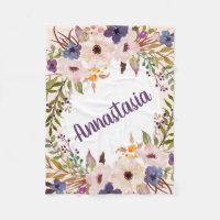 Boho purple watercolor flowers fleece blanket